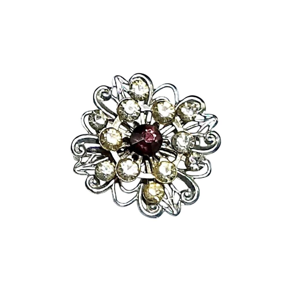 1950s Silver Tone Flower Brooch Purple Center Clear Rhinestone Vintage Pin